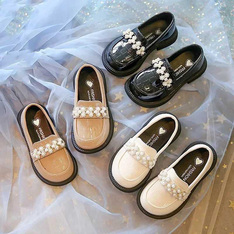 Kids PU Leather Shoes Spring Autumn Fashion Girls Pearls Casual Princess Flats Soft Loafers School Student Children Black BeigeT251101