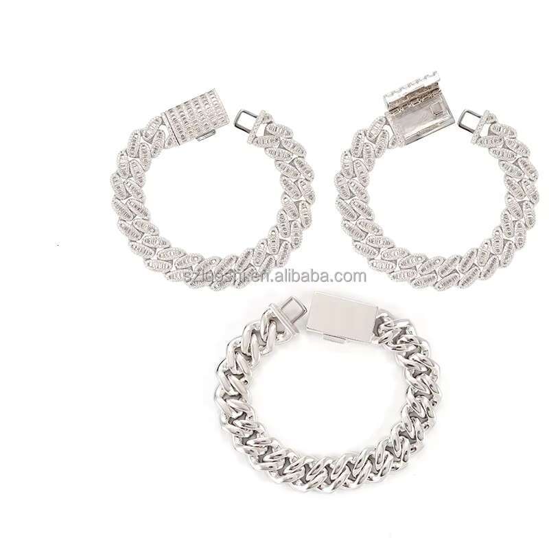 Hip Hop Jewelry 925 Silver Gold Plated 3 Rows 15MM Baguettes Iced Out Necklace Simulated Diamond Miami Cuban Link Chain
