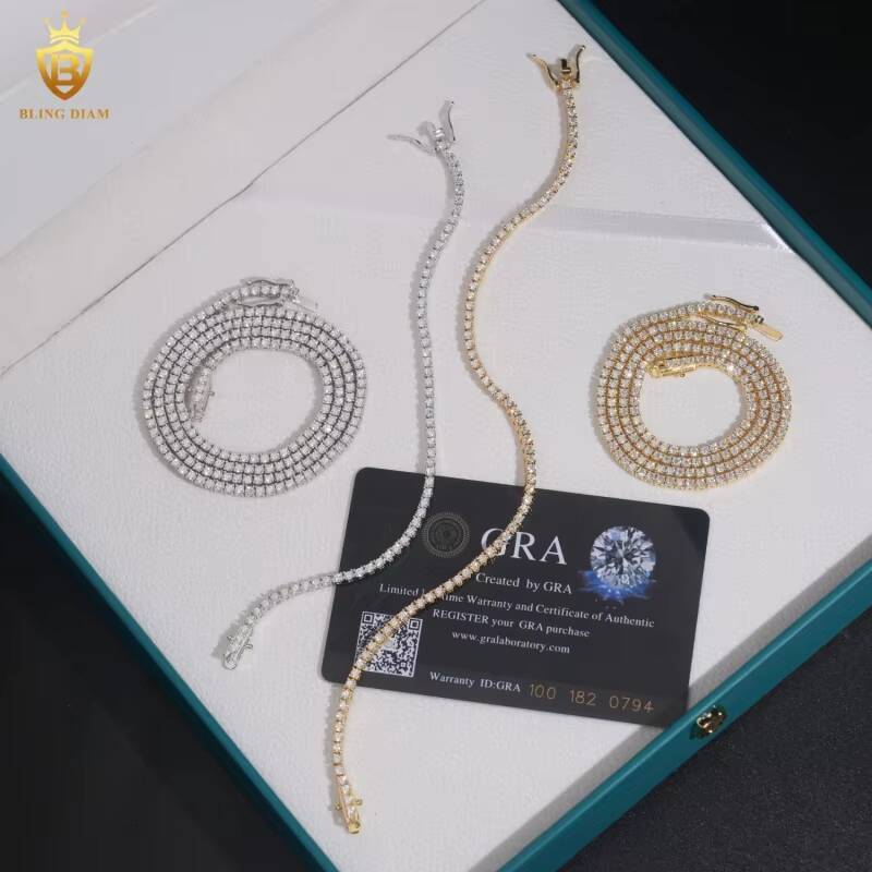 US in Stock Fast Shipping Hip Hop Jewelry 925 Sterling Silver Vvs Moissanite Iced Out 2mm Tennis Chains Bracelet Necklace
