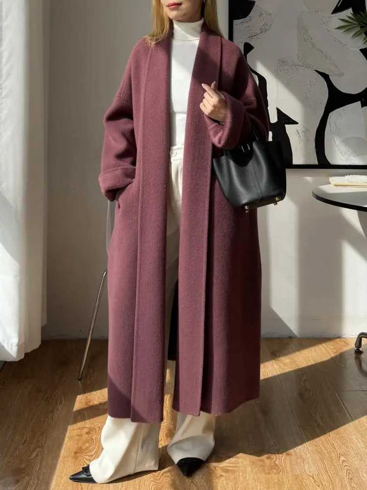 DoubleSided Barthrobe Office Lady Woolen Yark Hair Jackets 2025 Autumn And Winter Loose LaceUp Womens Long Wool CoatsT251101