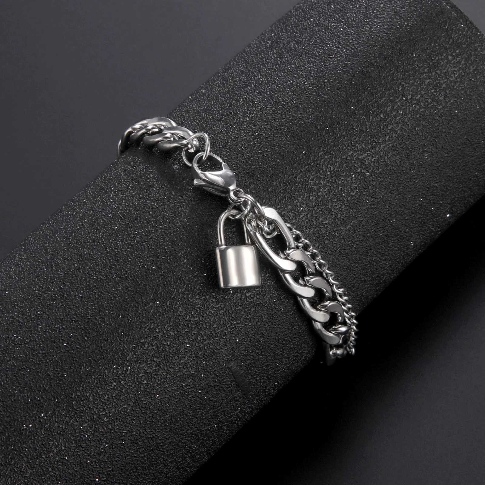 Skyrim Hip Hop Lock Pendant Bracelet Mens Stainless Steel Figaro Chain Bracelet Handmade Punk Party Jewelry Gift Y250329