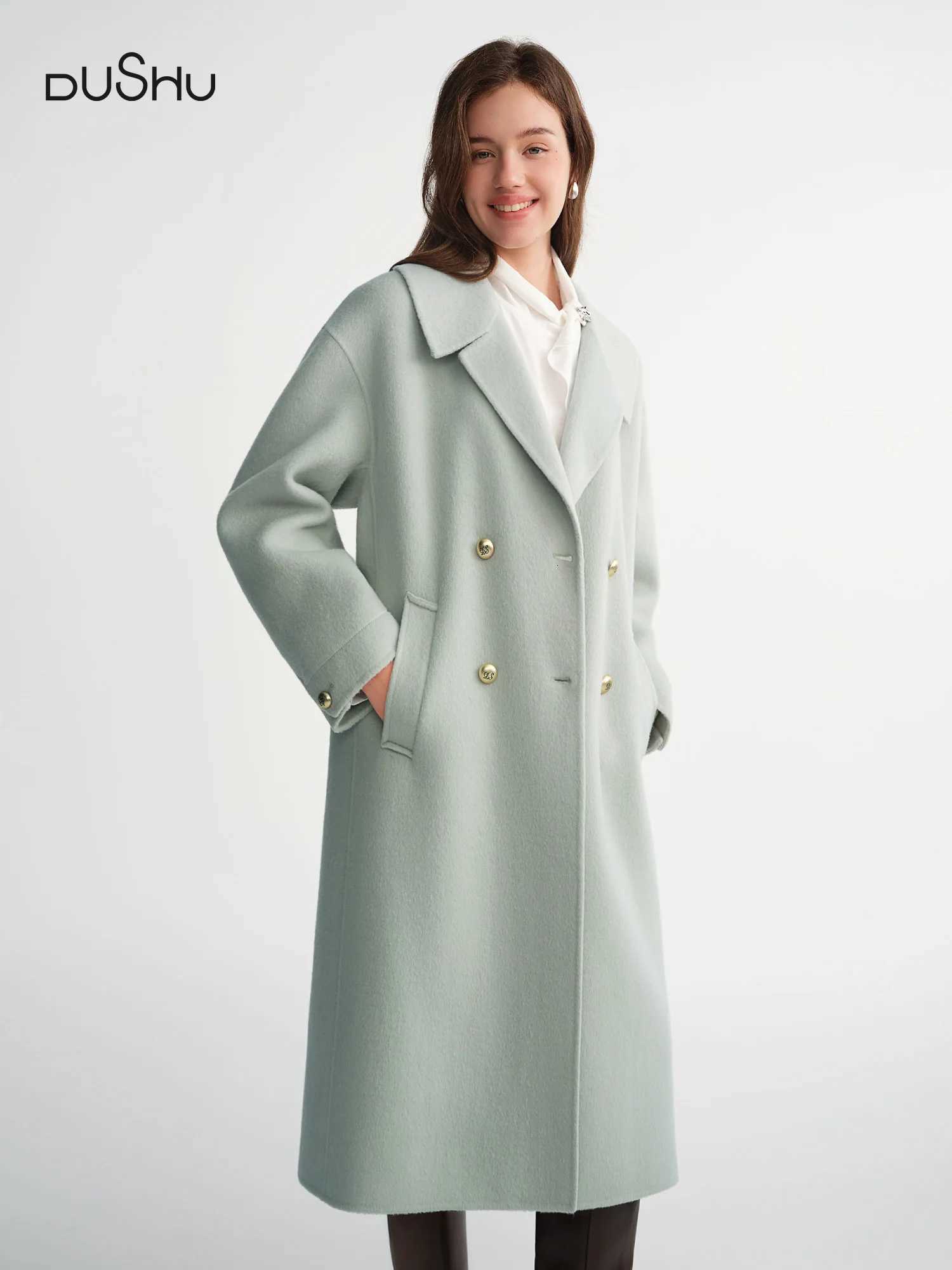 DUSHU 2025 Winter Womens Notch Lapel Double Breasted Wool Blend Coat New Arrival Casual Elegant Outerwear with Comfort FitT251101