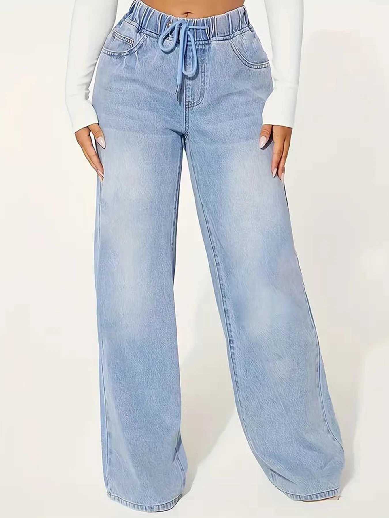 New Womens Fashionable Casual Straight Leg Jeans with Drawstring Washed Denim Versatile Jeans for Daily Use J251031