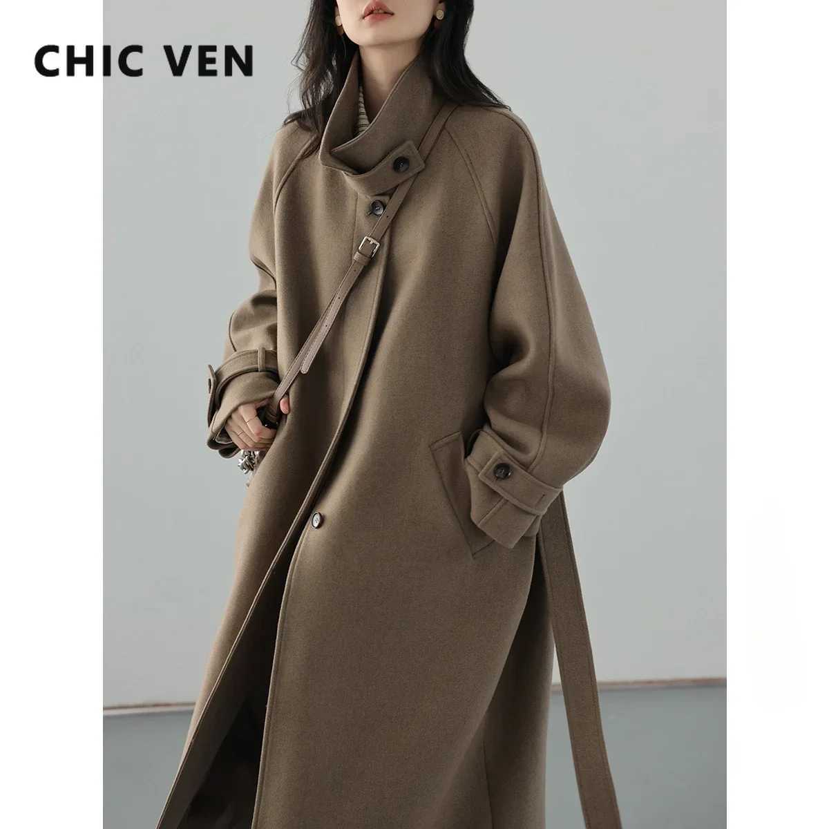 CHIC VEN Women Long Trencn Coat Standing Belt Lace Up Woolen Coat Raglan Sleeves Long Overcoat Office Lady Autumn Winter 2023T251101