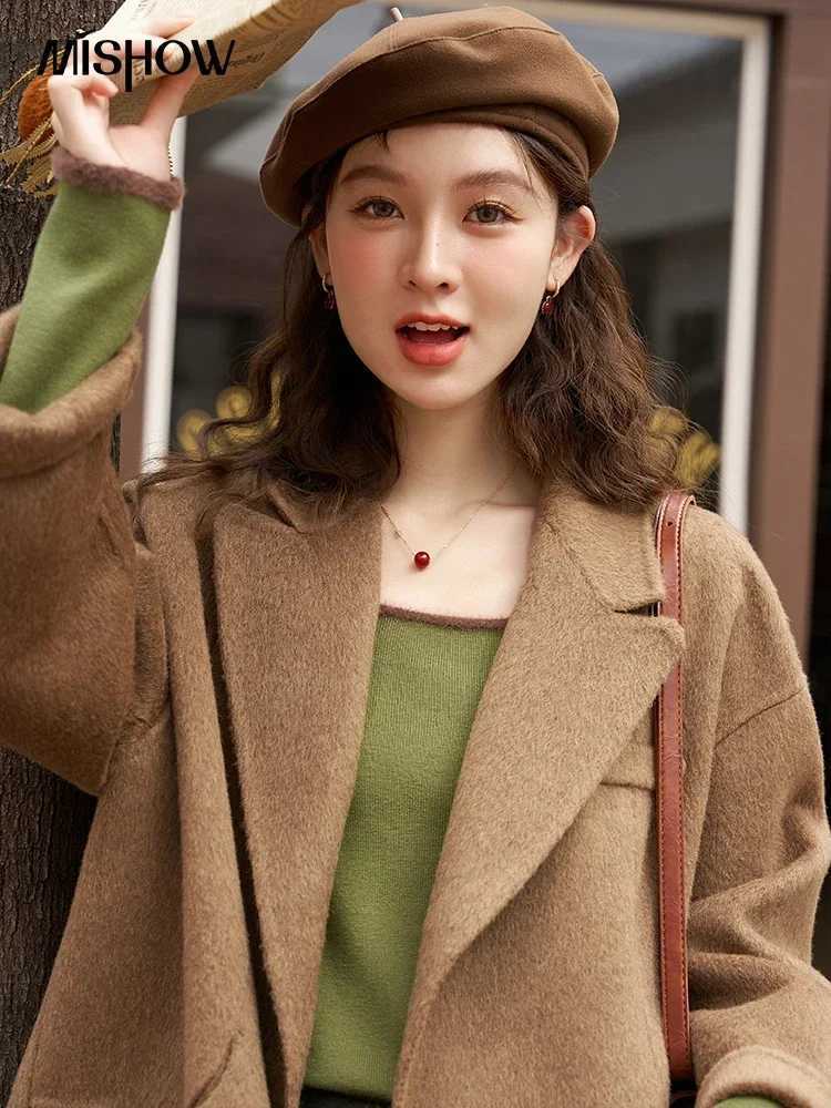 MISHOW Womens Handmade Doublesided Mid Length Woolen Coat 2023 Winter Vintage Double Breasted Short Wool Outerwear MXC52W0210T251101