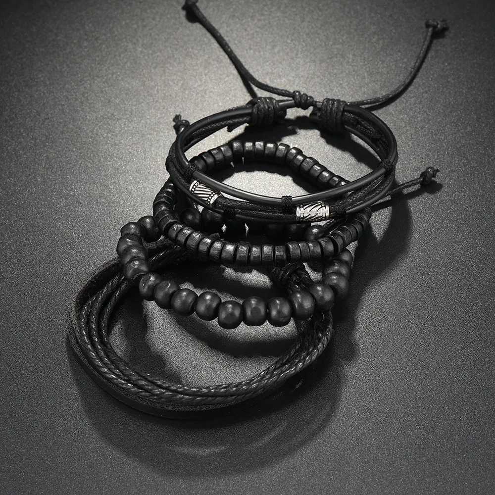 Leather Bracelet Mens Hand Woven Beaded Leather Bracelet Multi Layer Set with Adjustable Bracelet Charm Bracelet Mens Accessories Y250329