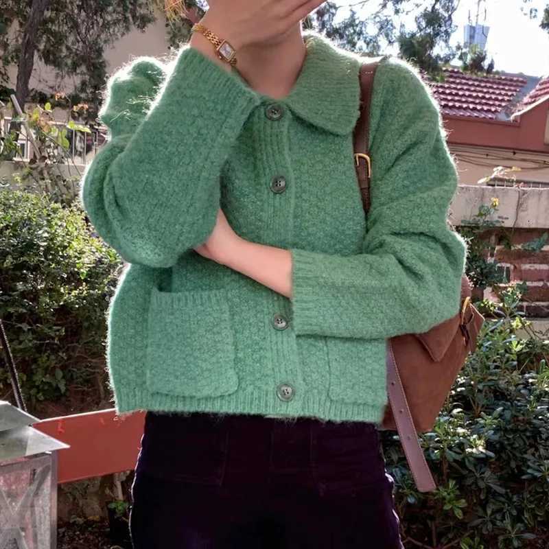 Fashion Lapel with Pockets Sweater Jacket for Women Autumn New Loose Fit Outerwear Button Long Sleeve Knitwear Cardigan TopT251101