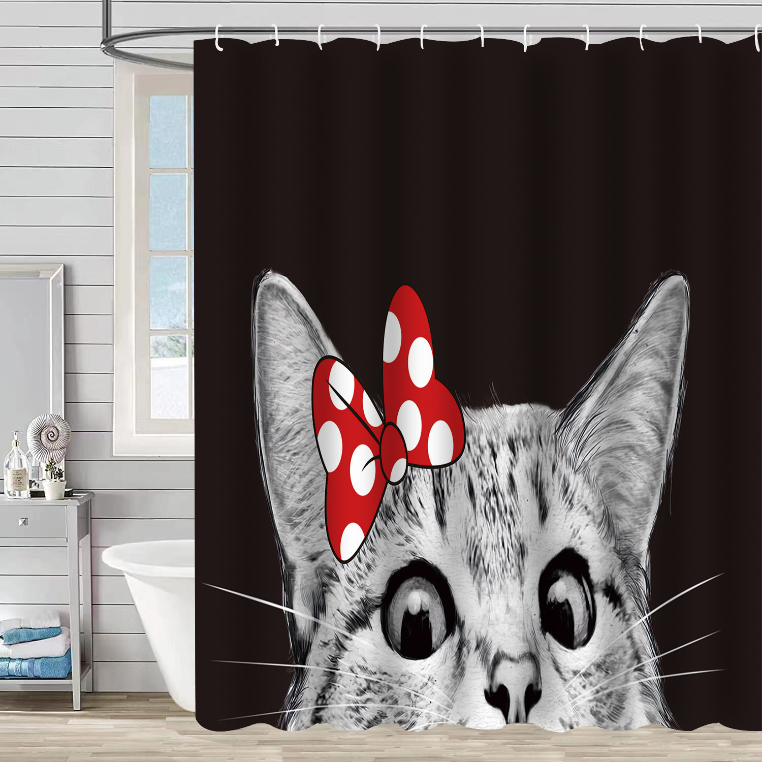 YL-37610 3D Digital Shower Curtain for Kitty Bathing, Bathroom Dry and Wet Separation, Polyester with Hooks, Isolation Curtain