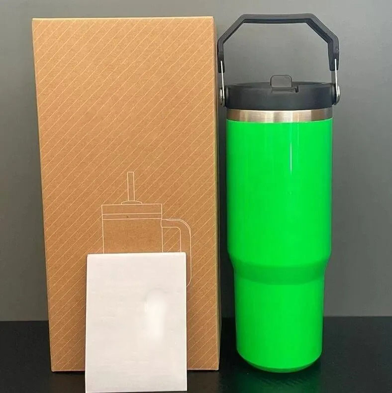 Wholesale 304 Stainless Steel 30OZ Travel Mugs Reusable Flip Straw Tumblers Customize 30oz Cups With Handle Lid Tumblers