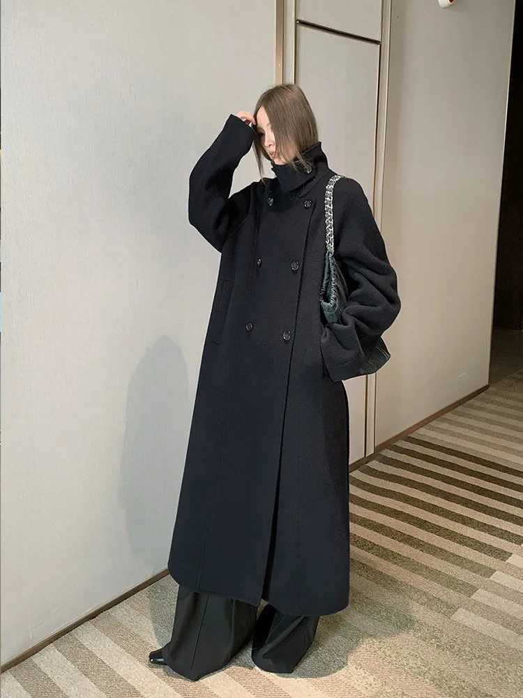 Double Breasted Office Lady Cashmere Woolen Jackets 2025 Autumn And Winter Stand Collar Loose LaceUp Womens Long Wool CoatsT251101