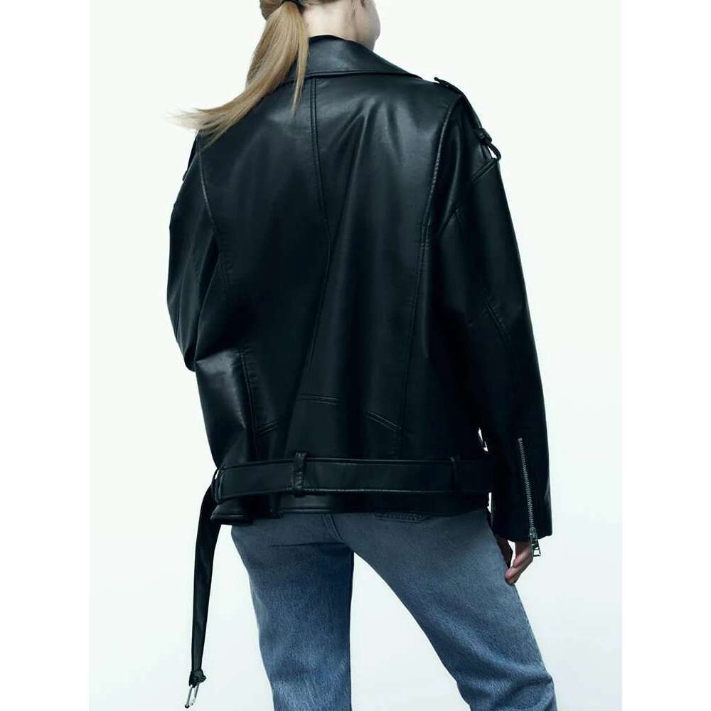 hoodie Baseball Jacket Aigo Women Loose Motorcycle Biker Black Pu Faux Leather Jacket With Belt Spring Autumn Female Zipper Coat Outwear jacket