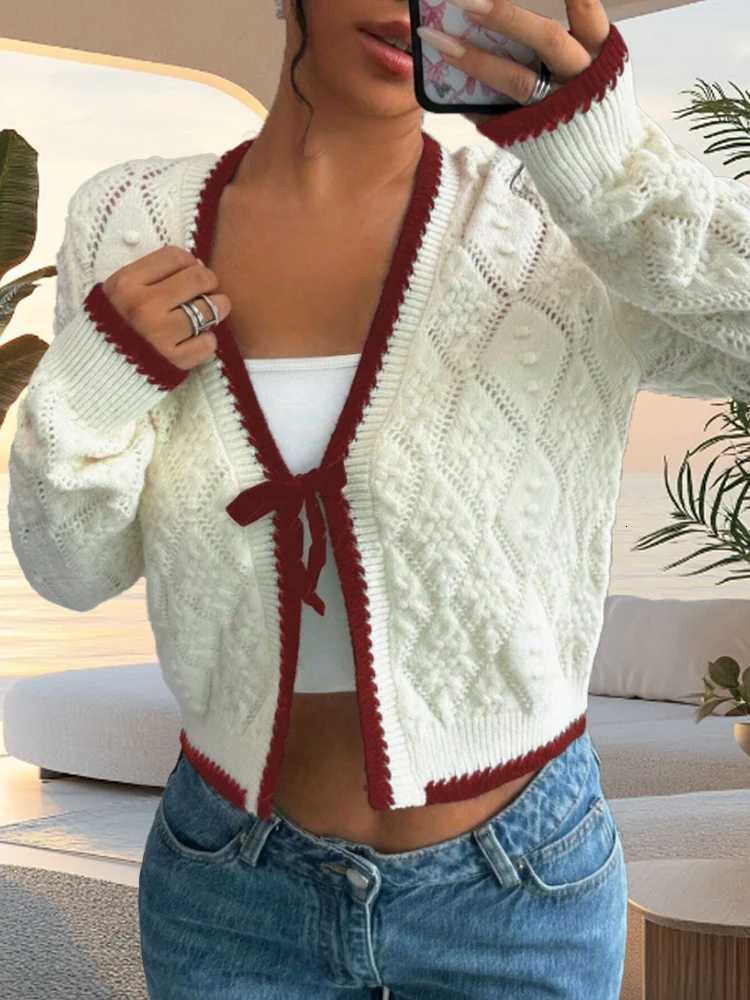 New Fashion Bow Tie Cardigan Sweater VNeck LongSleeved Knitwear Jacket Elegant Casual Womens Jacket Soft Beige Warm Loose TopT251101