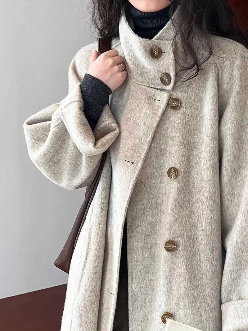 High End Stand Up Collar Woolen Coat For WomenS Autumn And Winter New Mid To Long Style Niche Loose Woolen CoatT251101