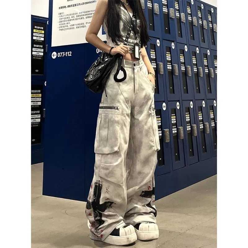 American Street Gothic Graffiti Print Pocket Jeans Women Retro Distressed Loose Fashion Street Casual High Waist Wide Leg Jeans J251031