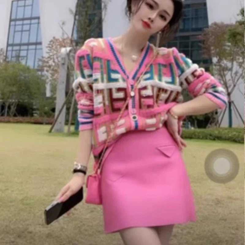 Womens Clothing Colorblocked Plaid Cardigan Sweater for Women Autumn Winter Casual Loose Thickened Pink Knitted Jacket TopT251101