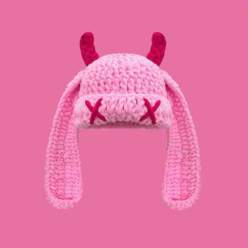 Unisex Autumn Winter Handmade Crochet Knitted Hat Soft Warm Long Ear Beanie Hat Men Women Casual Y2K SkullCap Hats Ski CapsXJ251101