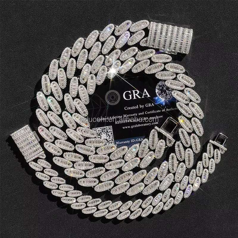 Hip Hop Jewelry 925 Silver Gold Plated 3 Rows 15MM Baguettes Iced Out Necklace Simulated Diamond Miami Cuban Link Chain