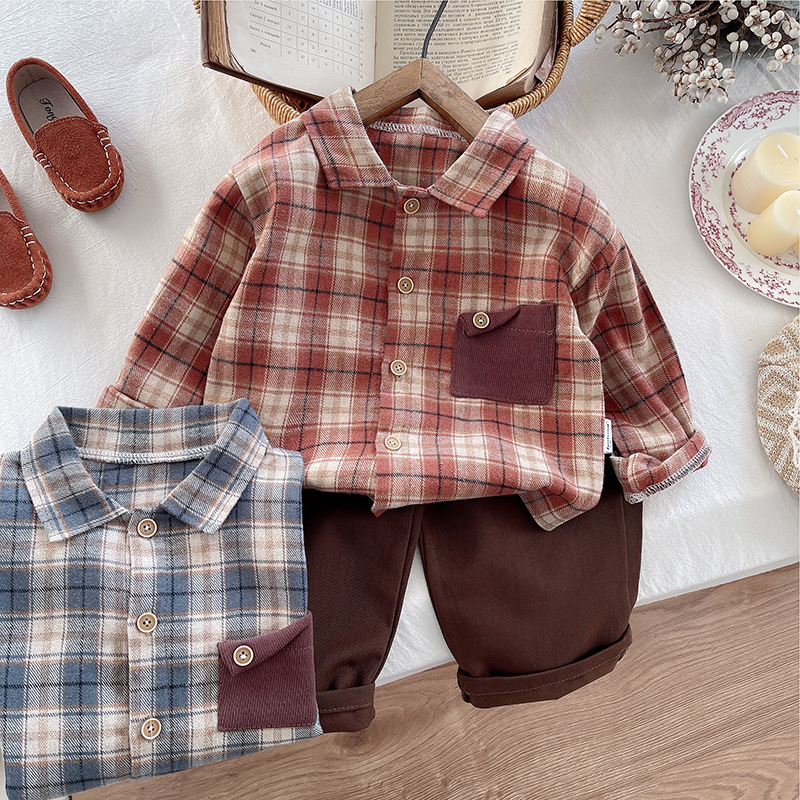 kids designer clothes 2025 Boys Shirt Set Long Sleeve Checkered Plaid Shirt with Contrast Pocket Trendy Autumn Kids Outfit