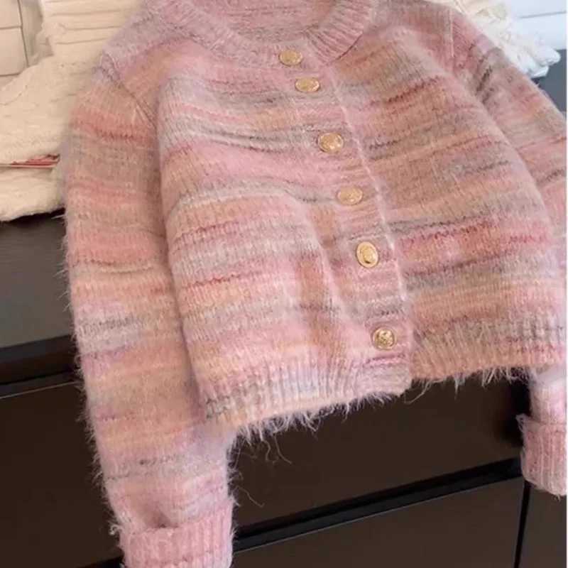 Women Elegant Slim Oneck Warm Vintage Knitted Cardigan Autumn Winter New Chic Button Soft Single Breasted Striped SweaterT251101