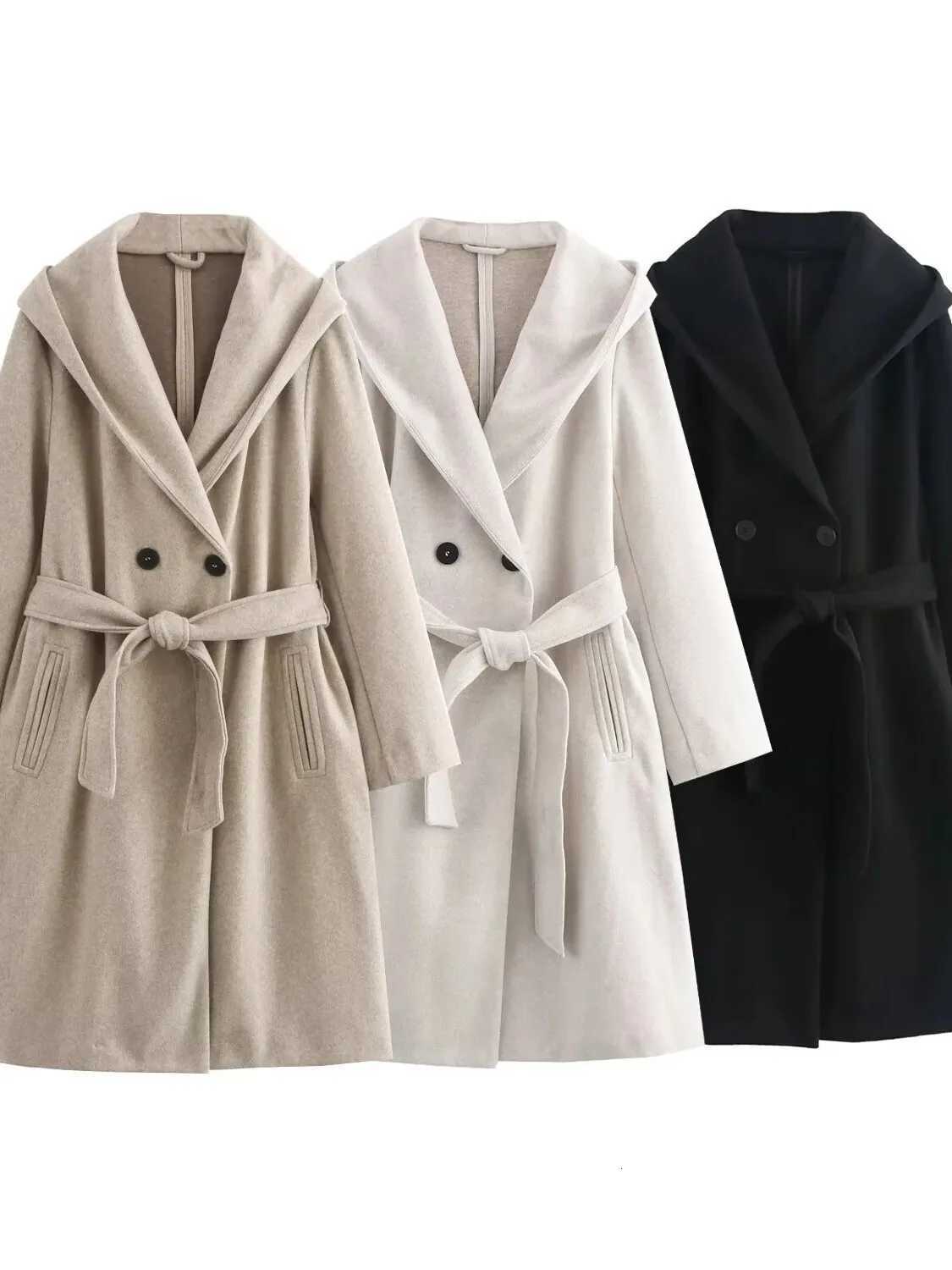 2024 Autumnwinter New Design Sense Loose Long Sleeve Lace Up Cinching Waist Solid Color Medium Long Hooded Woolen Coat 33W1T251101