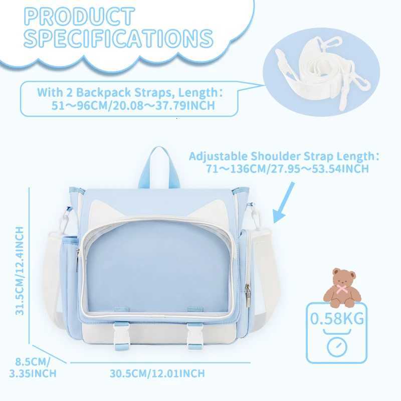 TINYAT Y2K Ita Bag Girl School Backpack Waterproof Transparent Shoulder Bag Womens Crossbody Bag DlY Display Cute Cat EarW251101
