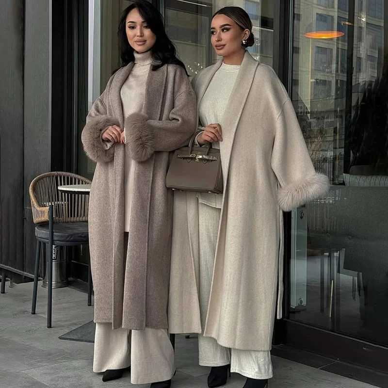 TARUXY Fox Fur Woolen Long Coats Womens Office Lady Removable Elegant Coat Doublesided Wool Overcoat 2025 New Cardigan JacketT251101