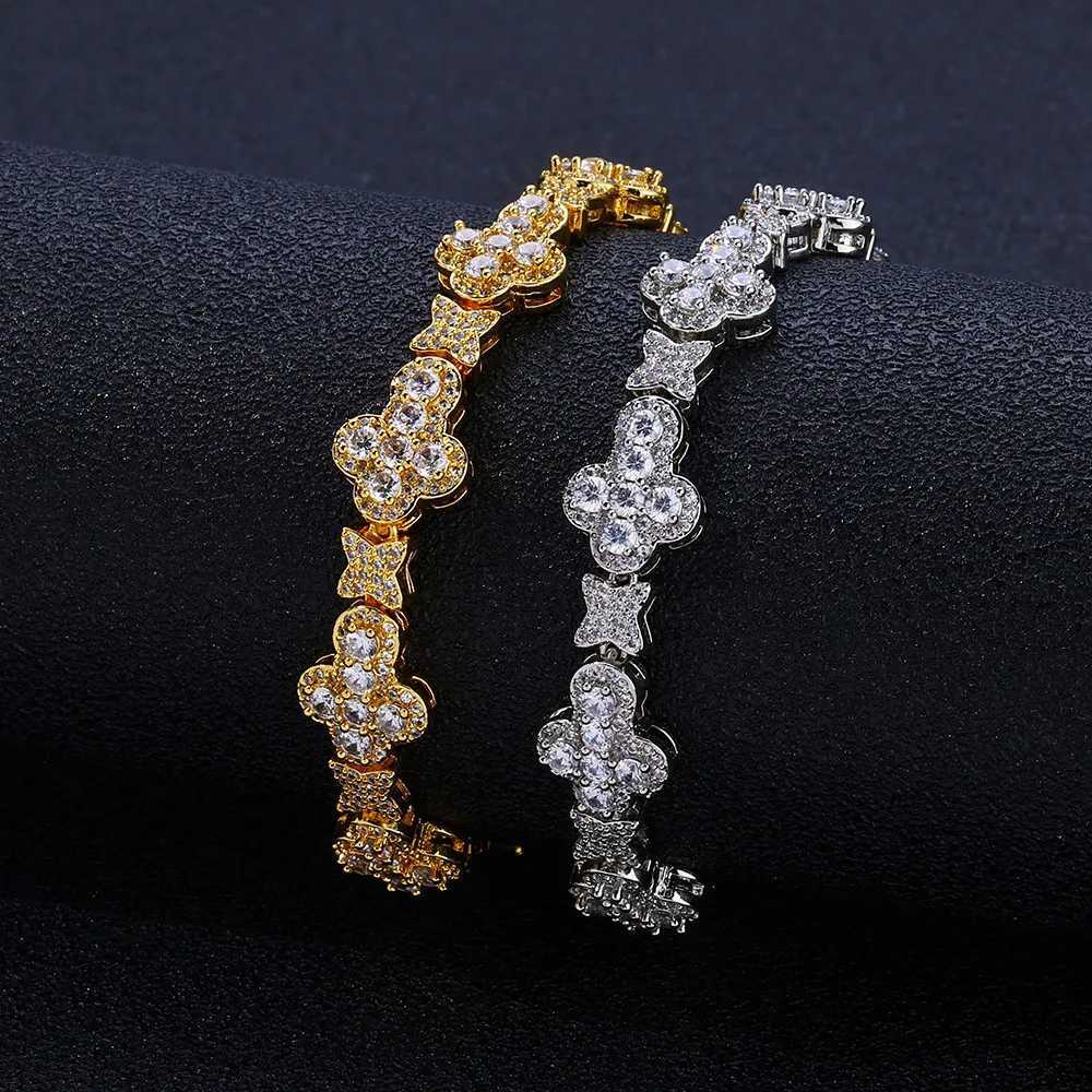 Personalized fashion niche jewelry hip-hop Cuban chain 10mm cross flower filled zircon bracelet Y250329