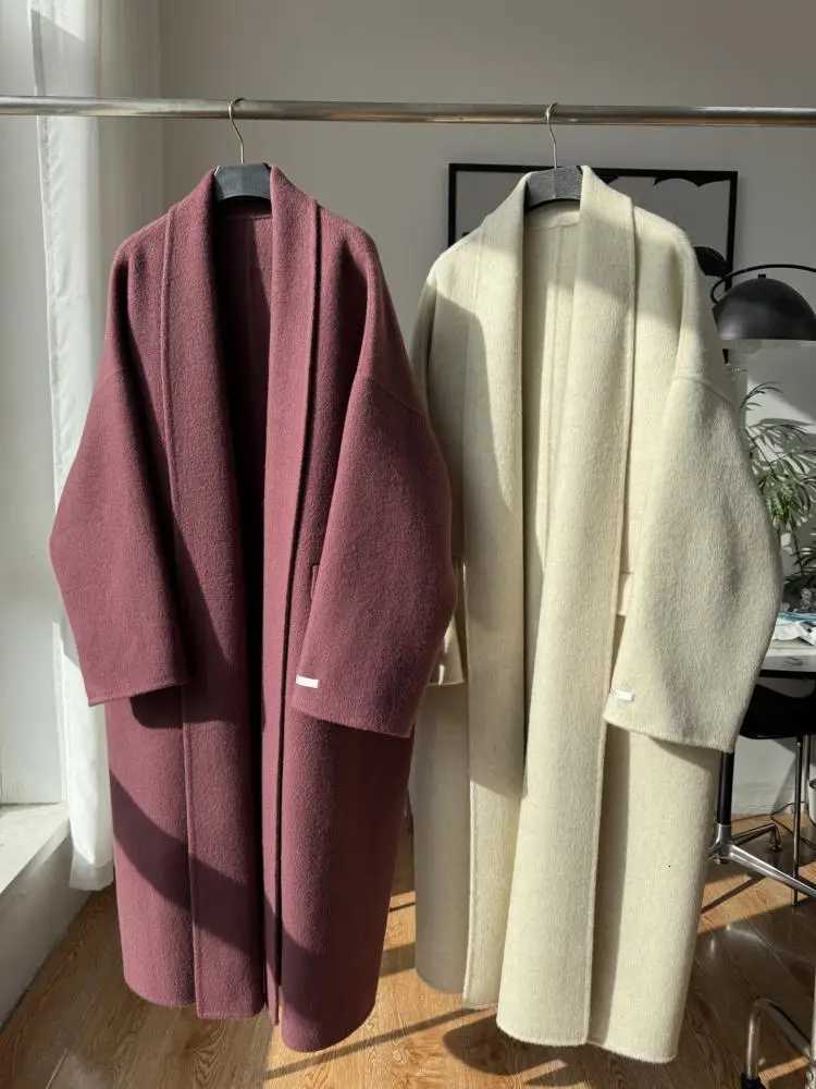 DoubleSided Barthrobe Office Lady Woolen Yark Hair Jackets 2025 Autumn And Winter Loose LaceUp Womens Long Wool CoatsT251101