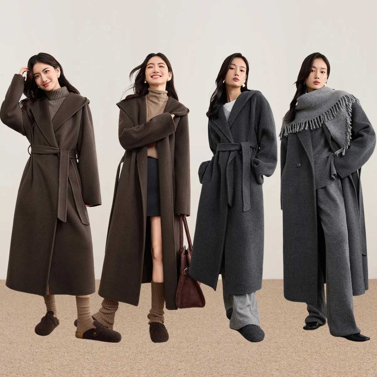 SENTUBILA Women 100 Wool Double Faced Coat 2025 Winter Hooded Long Bathrobe Style Coat Warm Dropped Shoulder Overcoat W54OC2736T251101