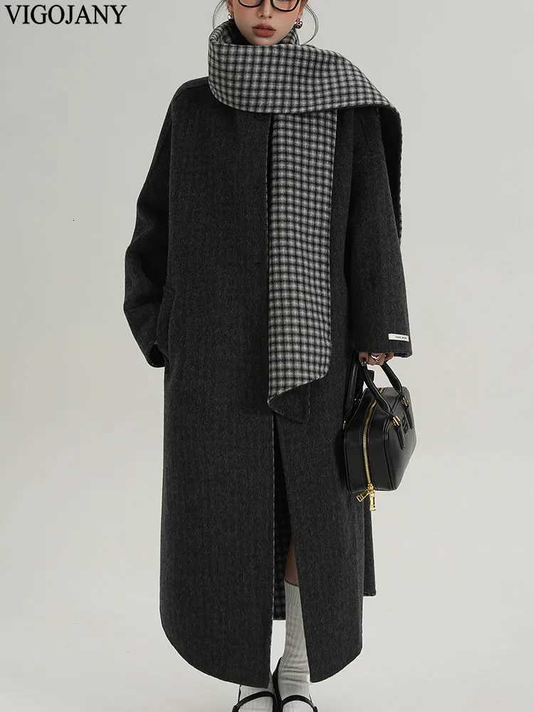 Winter Women Scarf Nature 100 Wool Long Coat 2025 Black Singlebreasted Cashmere Jacket Lady Casual Button Elegant Woolen CoatT251101