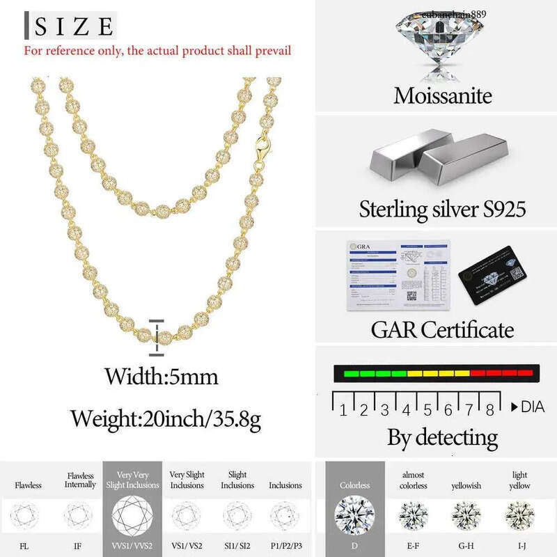 New Hip Hop Jewelry Rapper's 5mm Sterg Sier VVS Moissanite Dia Iced Out Bead k Chain Necklace For Men