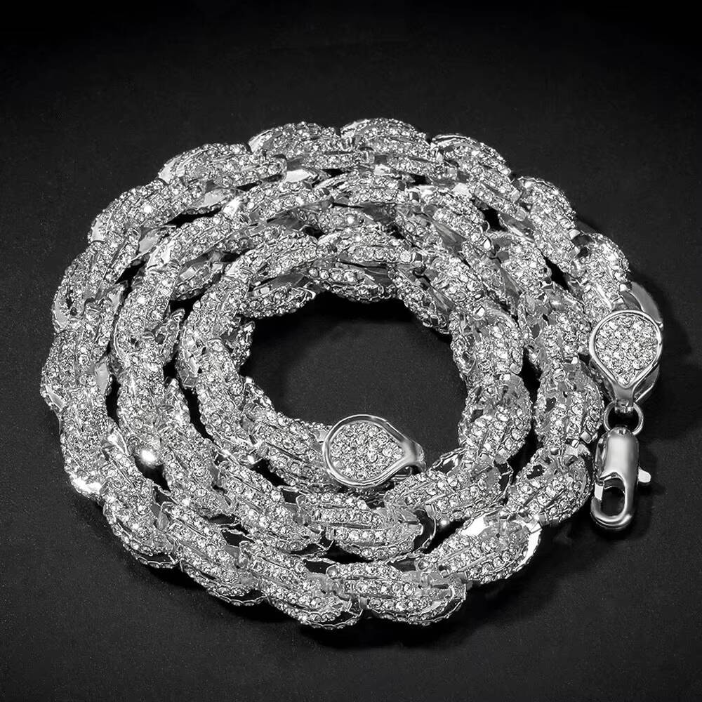 NUOYA Iced Out Jewelry 8mm Rope Chain Necklace Women Full Diamond Custom Necklace 18k Gold Silver Plated Twisted Chain Necklace