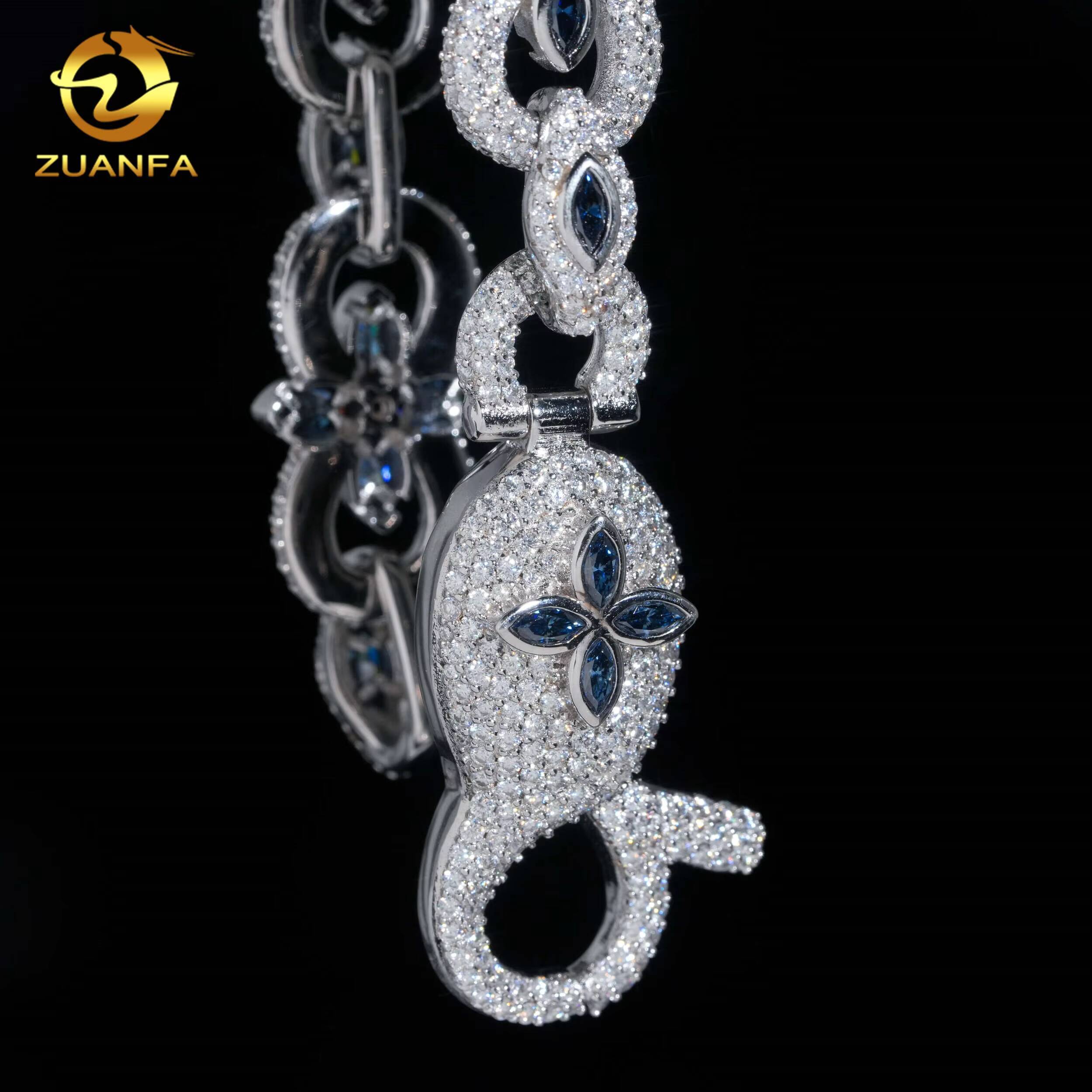 Hip Hop Jewelry 16mm Moissanite Cuban Link Bracelet 925 Silver Pass Tester Marquise Cut Royal Blue Moissanite Bracelet