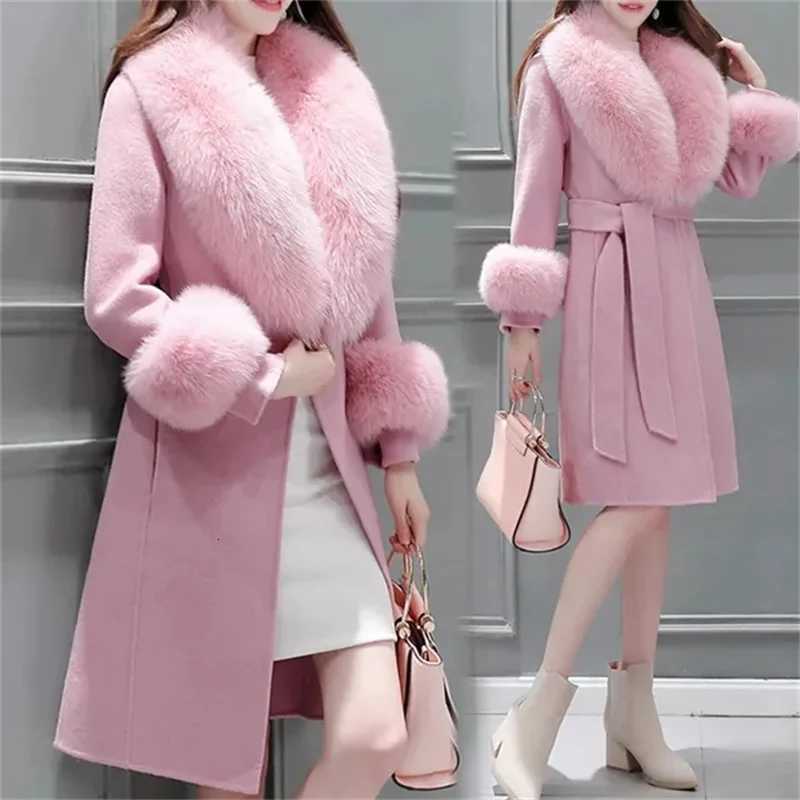Womens Long Woolen Coat Korean Version New Winter Slim Fit Lace Up Big Wool Collar Fur Coat Detachable Woolen Collar OutwearT251101