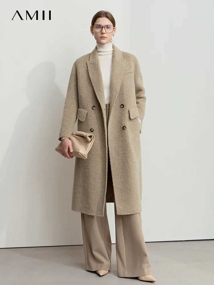 AMII Minimalism Alpaca Wool Coat for Women Classic Double Breasted 2025 Winter Double side Woolen Jacket Long Overcoat 12444126T251101