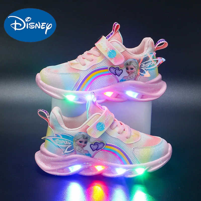 Disney Girls Casual Shoes Led Lights Mesh Breathable Childrens Sports Princess Elsa Pink Purple Shoes Sneakers Size 2237 H251101