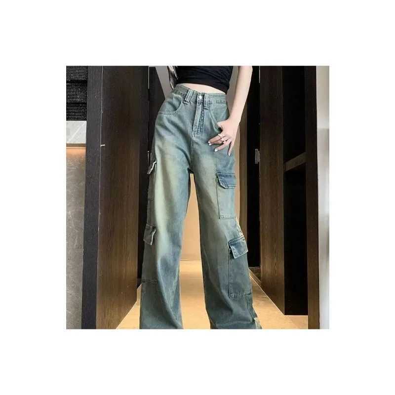 Womens Straight Jeans Leisure Comfortable Skinfriendly Vintage Chic Slim Fit pocket Front High Waist American Casual Wide Leg J251031