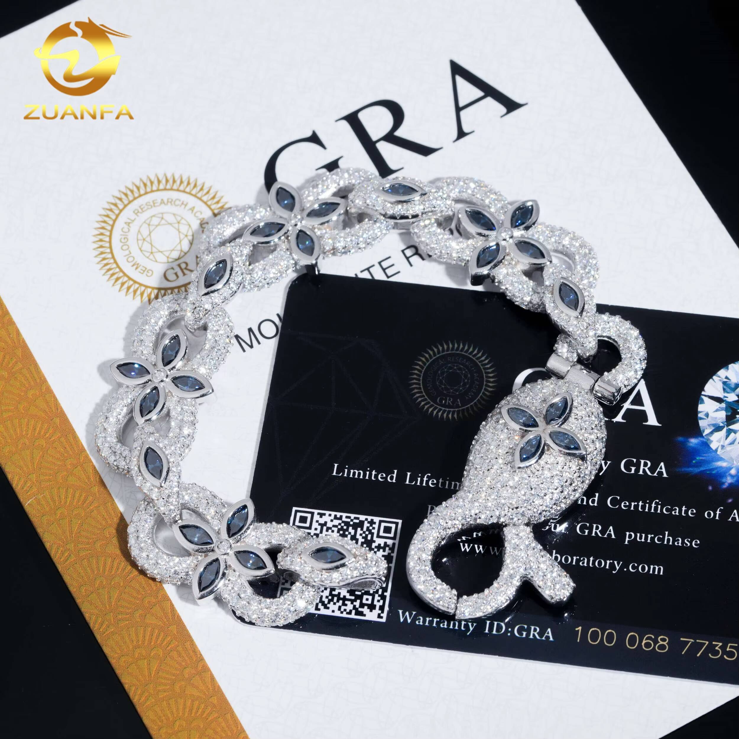 Hip Hop Jewelry 16mm Moissanite Cuban Link Bracelet 925 Silver Pass Tester Marquise Cut Royal Blue Moissanite Bracelet