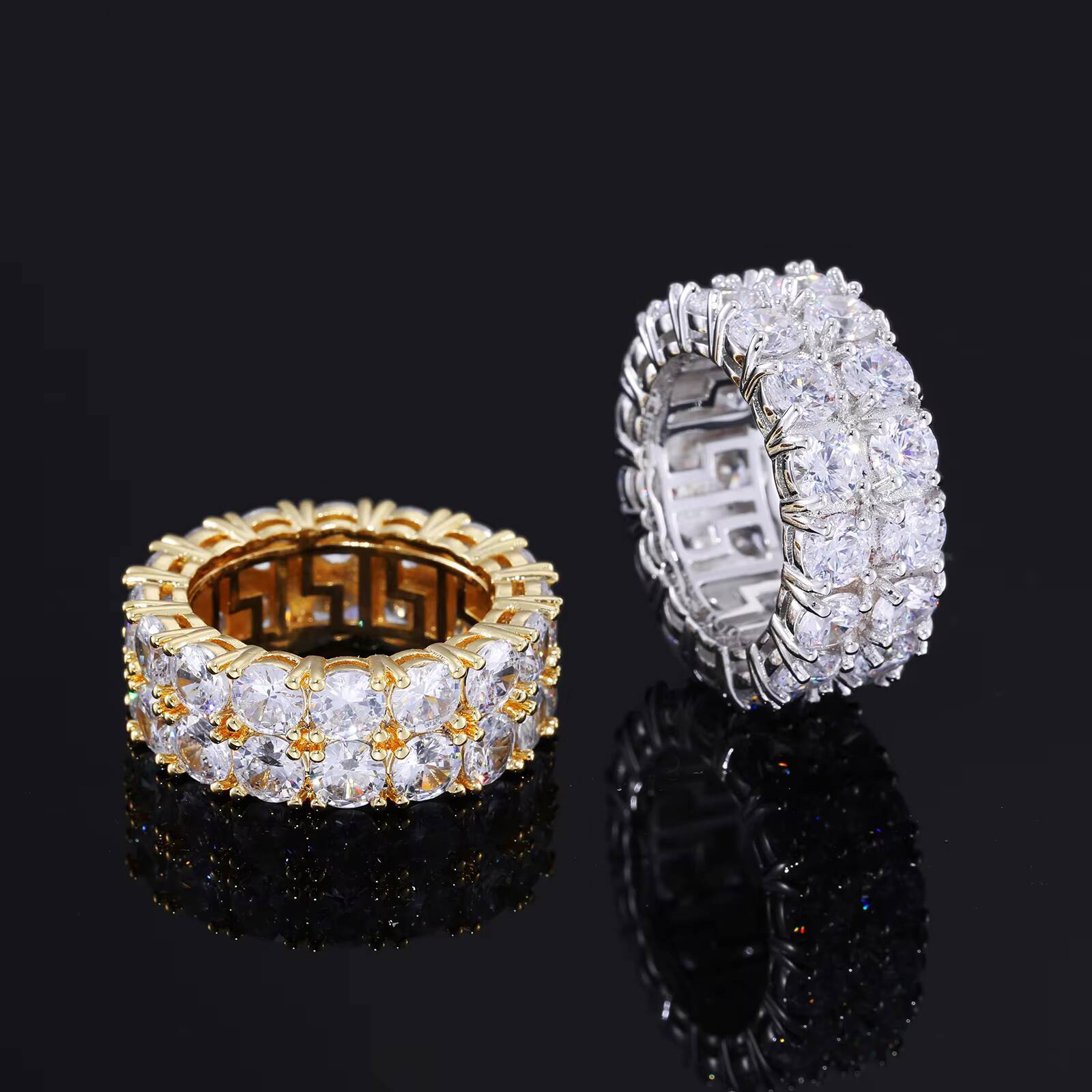Fashion Hip Hop Jewelry Custom White Gold Plated Brass Paved 2 Rows 5A Zircon Engagement Bands Rings for Men
