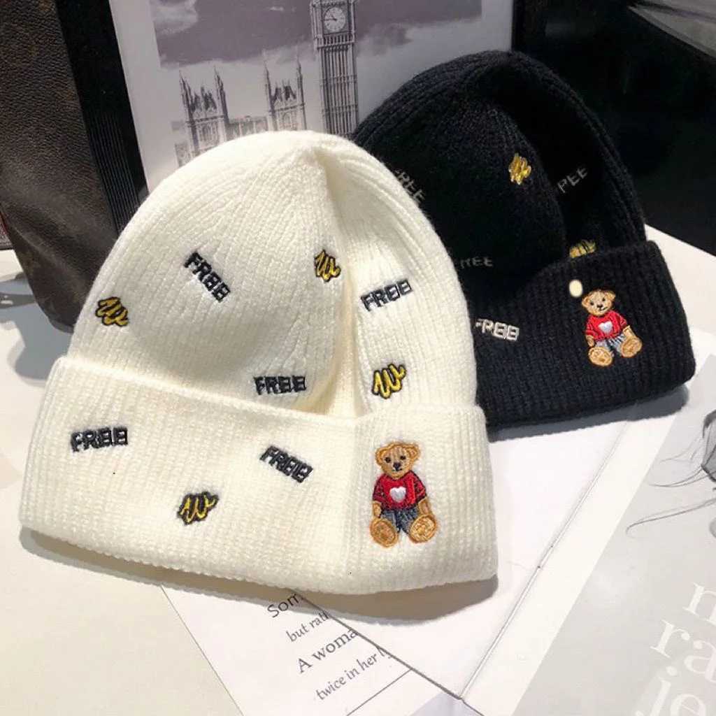 Cute Bear Embroidery Knitted Hat For Women Girl Autumn Winter Warm Beanie Cap Soft Crochet Outdoor Ear Protection Bonnet HatsXJ251101