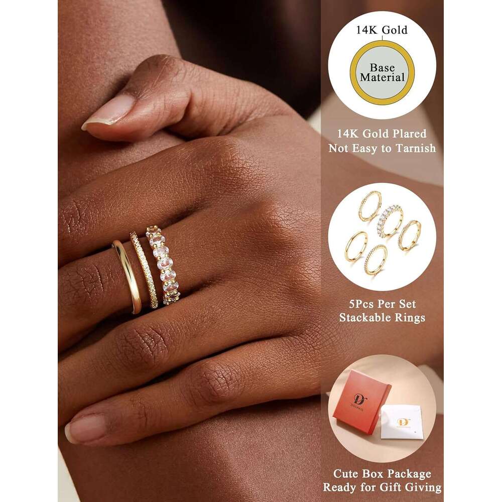 5PCS Stackable for Women, Non Tarnish Dainty Cubic Zirconia Rings, 14K Gold Plated Minimalist Wedding Band Set, Trendy Statement Stacking Rings Jewelr