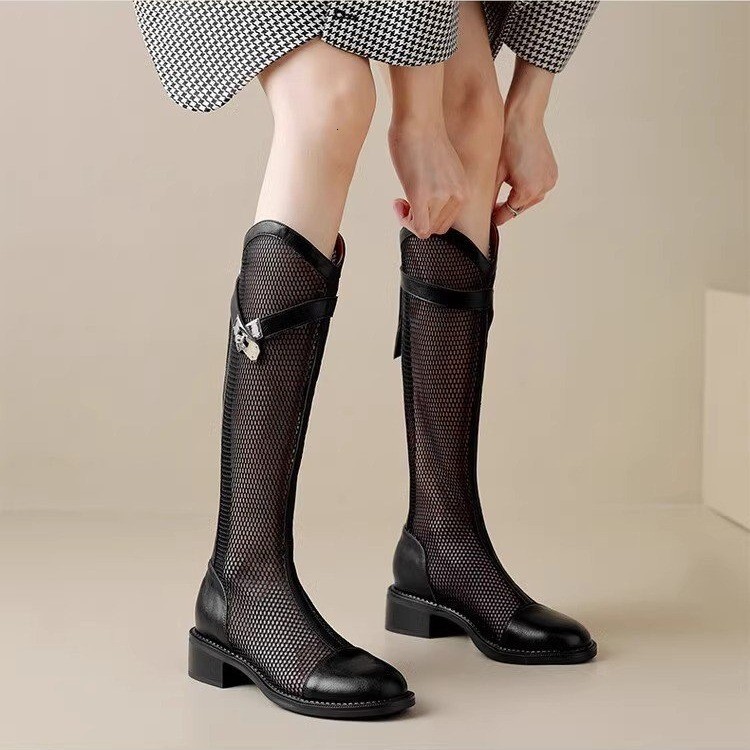 hollow out boots for women summer new style thick heel thick sole non slip thin breathable mesh mid tube boots Modern Boots 241031