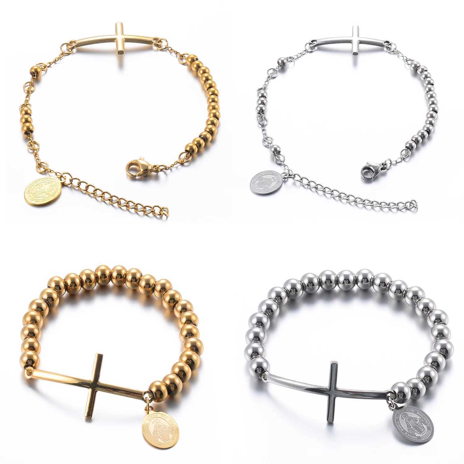Stainless steel Jesus religious cross pendant bead chain bracelet mens and womens gold and silver Y250329