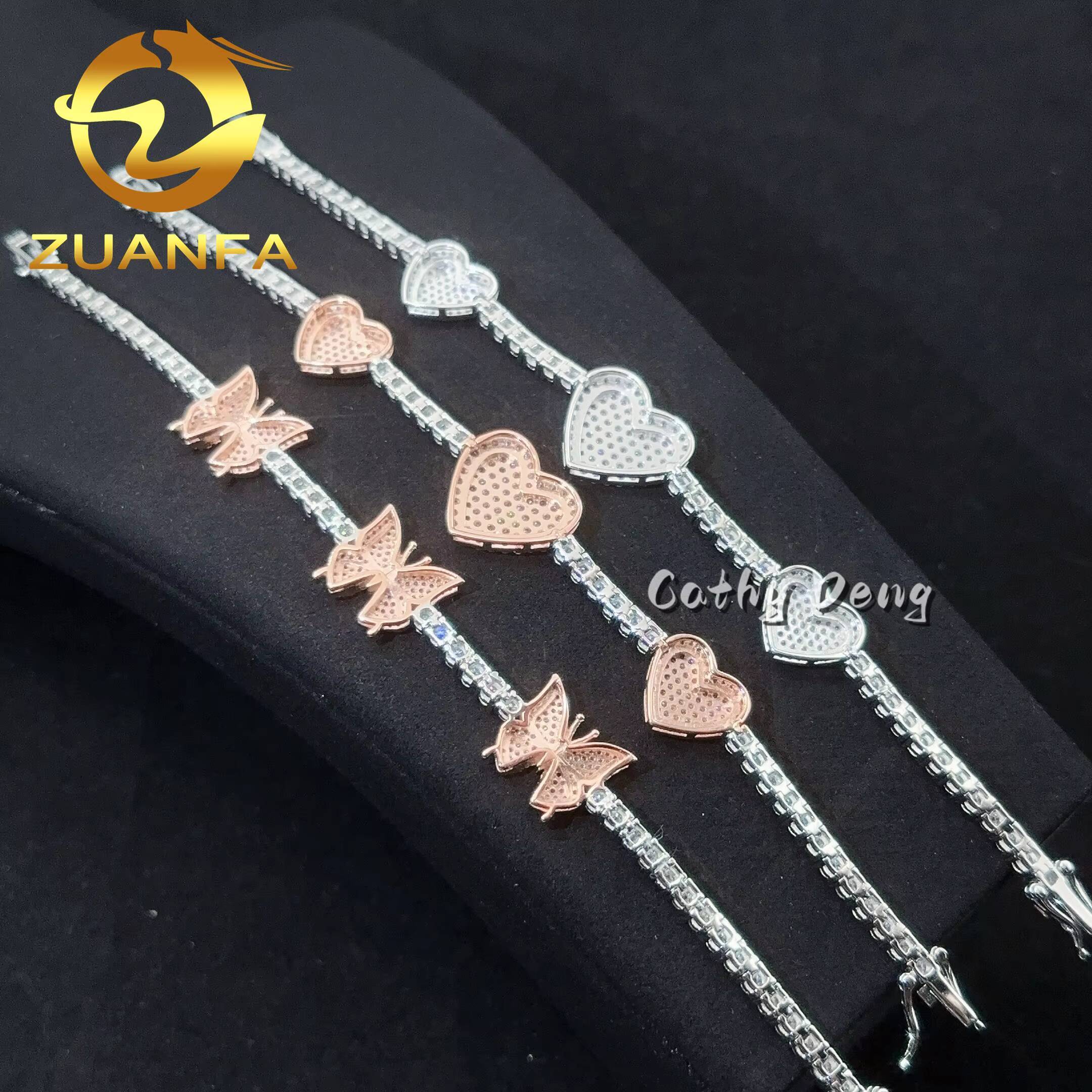 Iced Out Jewelry 3mm Moissanite Tennis Bracelet Heart Butterfly 925 Hip Hop Silver Bracelet VVS Moissanite Tennis Chain
