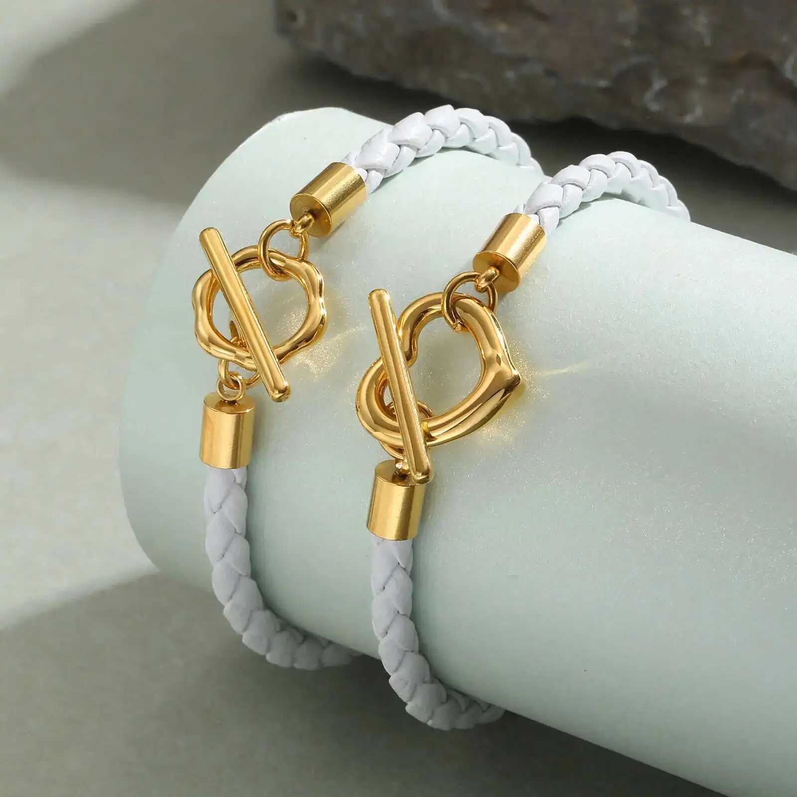 Prjewel Fashion Knitted Leather Bracelet White Rope Stainless Steel Gold OT Lock Bracelet Womens Jewelry Mothers Day Gift Y250329