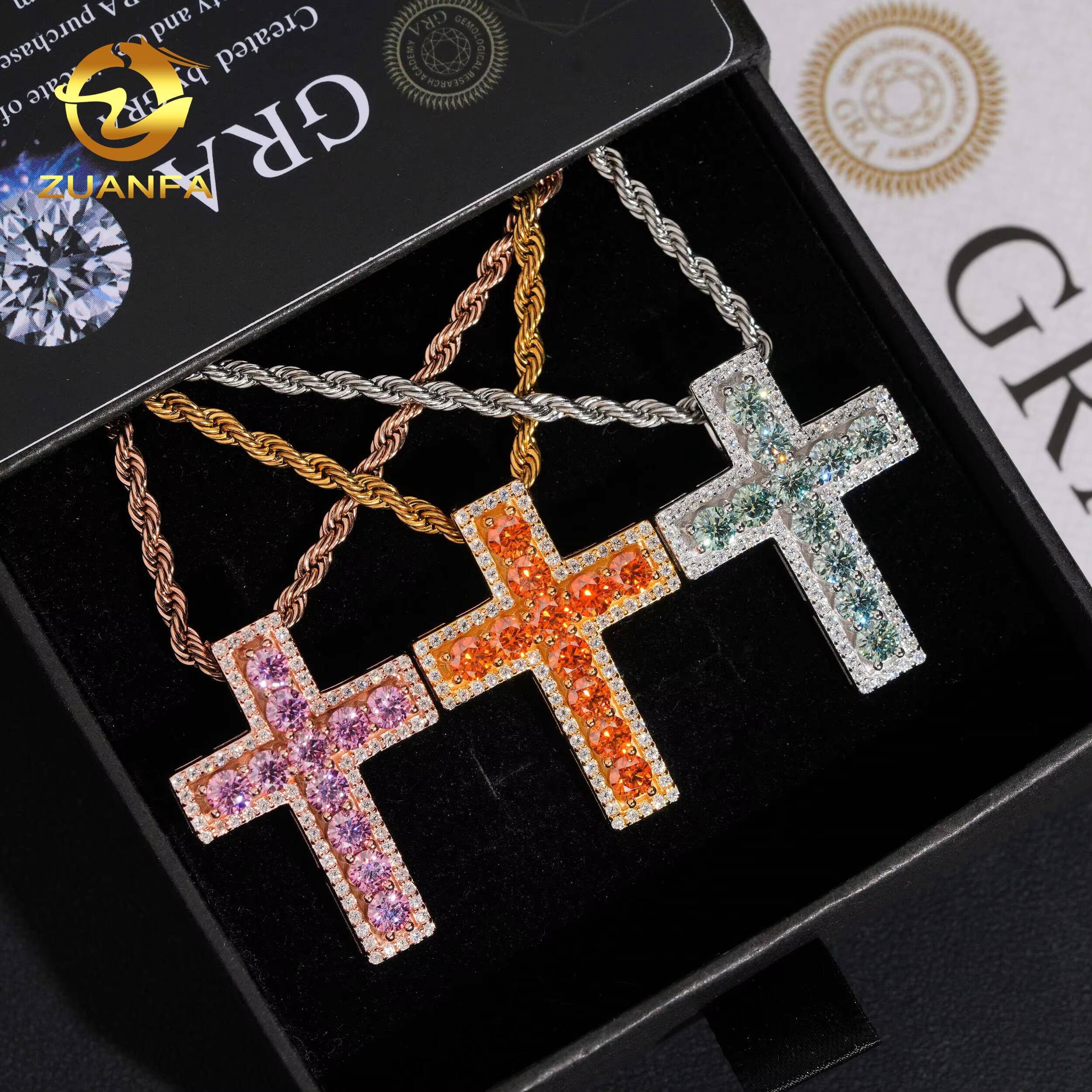 Ready to Ship Color Moissanite Hip Hop Jewelry Cross Iced Out Pendant Sterling Silver 925 Moissanite Charm Pendant