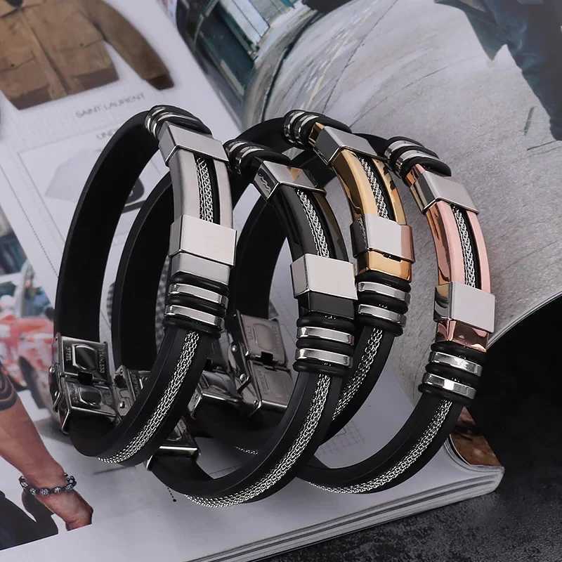 Fashion stainless steel bracelet mens wristband black groove Rudder silicone mesh buckle inserted punk wristband casual bracelet Y250329