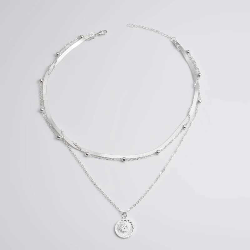 Vintage Silver Color Round Multilayer Coin Necklace Snake Chain Party Gift for Womens Exquisite Fashion Jewelry PendantC250407
