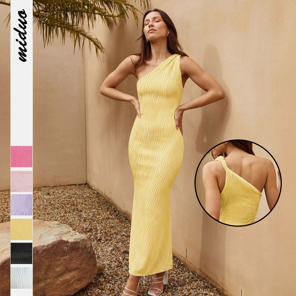 Spring and summer new women's clothing slanted shoulder backless temperament long skirt elegant evening party light dress