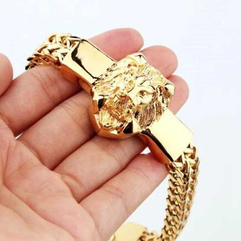 Domineering Lion Head Animal Bracelet Mens Stainless Steel Braided Chain Bracelet Hip Hop Jewelry Y250329